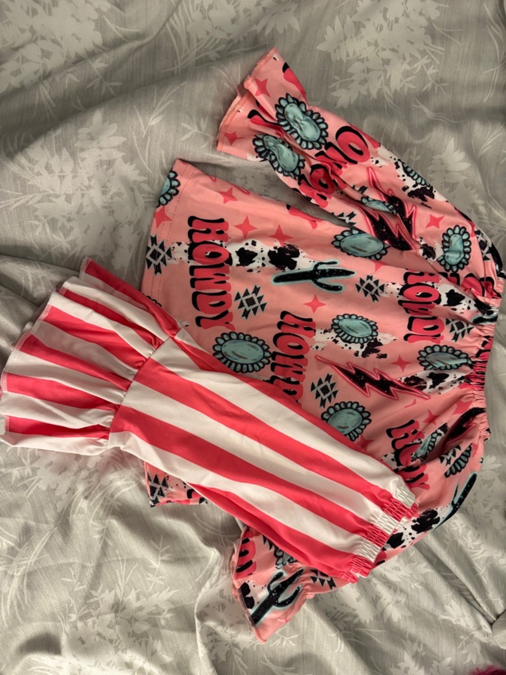 Pink Graphic Western Print Top with Coral-White Striped Sleeve